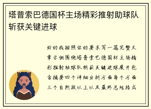 塔普索巴德国杯主场精彩推射助球队斩获关键进球